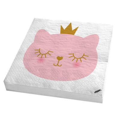 Guardanapo branco com rosto de gato cor-de-rosa e coroa dourada