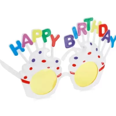 Óculos de festa com tema de cupcakes e letras coloridas a dizer HAPPY BIRTHDAY