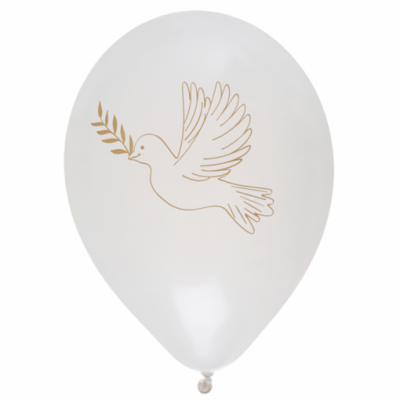 Balão branco com desenho dourado de uma pomba com ramo de oliveira