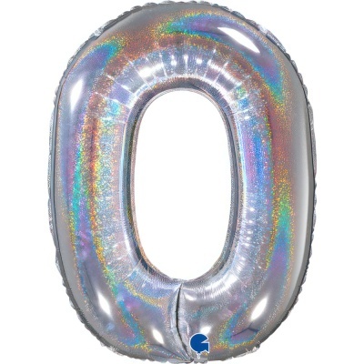 Balão metálico holográfico prateado em forma do número zero