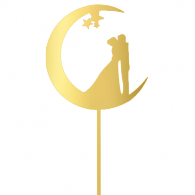 Topo de bolo dourado casal na lua com estrelas