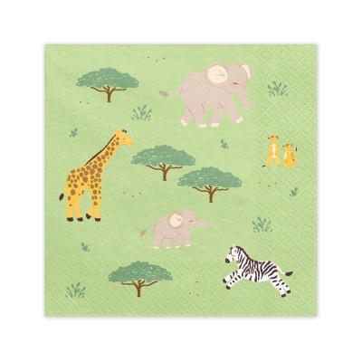 Guardanapo verde claro com desenhos de girafa, elefantes, zebra, suricatos e árvores