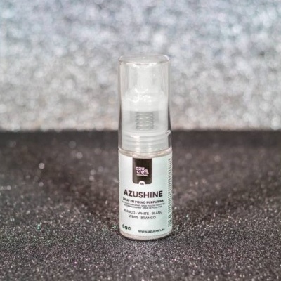 Frasco de pó purpurina branco com tampa transparente sobre superfície preta brilhante