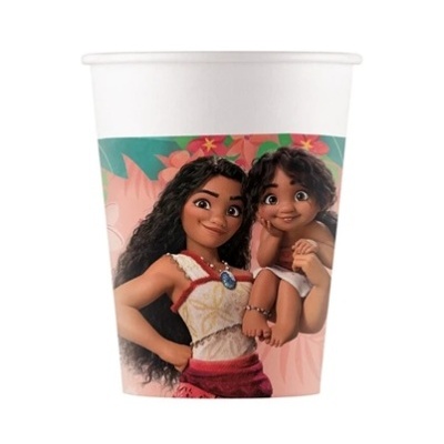 Copo branco com ilustração da Moana e criança em fundo floral