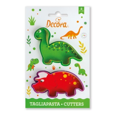 Cortadores de massa em forma de dinossauros verde e vermelho numa embalagem com texto Decora