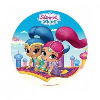 Dois personagens animados em tapete mágico com torres coloridas ao fundo e texto SHIMMER AND SHINE