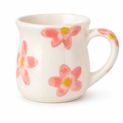Caneca cerâmica branca com flores rosas e amarelas