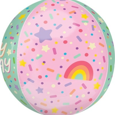 Bola colorida com estrelas, confetes e arco-íris