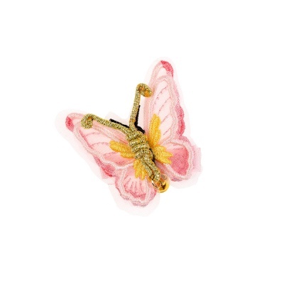 Broche borboleta rosa com corpo dourado e pedraria