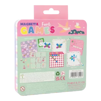 Embalagem rosa com jogos magnéticos coloridos ilustrados para crianças.