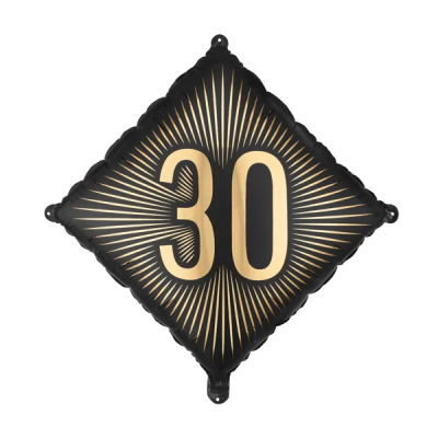 Balão preto com número 30 dourado e padrão de raios