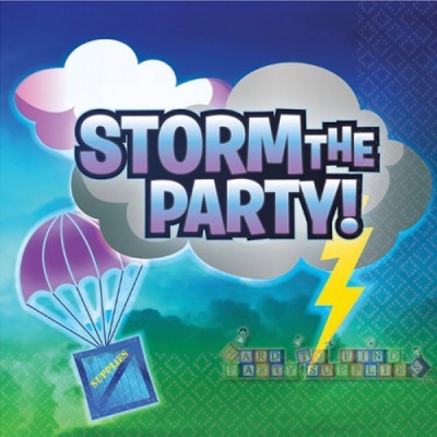 Texto 'STORM THE PARTY!' sobre nuvem, paraquedas com livro 'SUPPLIES', raio amarelo e blocos de letras 'HARDY FRIEND PARTY SUPPLIES' em fundo azul e verde.