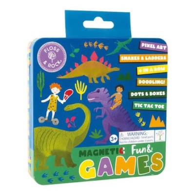 Caixa azul com dinossauros coloridos e lista de jogos magnéticos divertidos