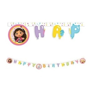 Faixa decorativa 'HAPPY BIRTHDAY' colorida com personagens infantis
