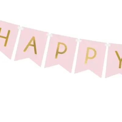 Bandeirola decorativa rosa com letras douradas a dizer HAPPY