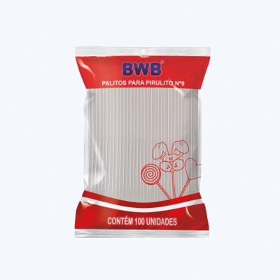 Embalagem plástica de palitos para pirulito BWB vermelha e branca contendo 100 unidades