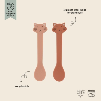 Duas colheres de silicone cor-de-rosa com cabeças de gato e interior em aço inoxidável