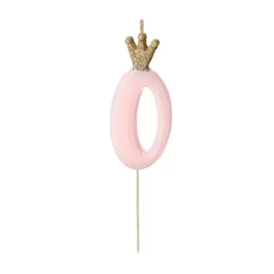 Vela de número 0 cor-de-rosa com coroa dourada glitter