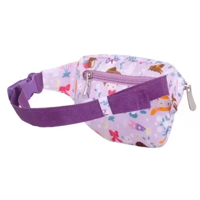 pochete infantil lilás com padrão de animais e alça roxa