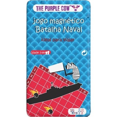 Embalagem azul com escamas e texto do jogo magnético Batalha Naval da THE PURPLE COW