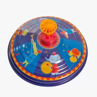 Pião metálico colorido com animais a tocar instrumentos