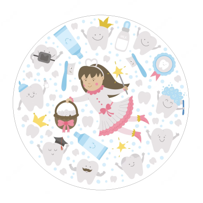 Ilustração colorida de fada dos dentes com dentes animados e objetos relacionados à dentição