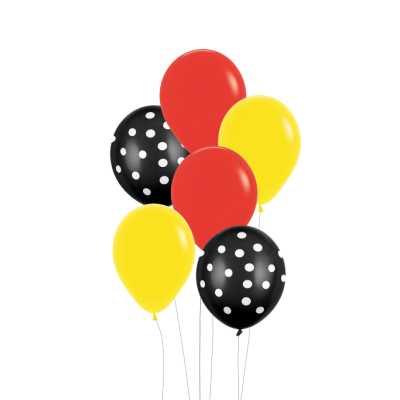 Balões coloridos vermelhos, amarelos e pretos com bolinhas brancas