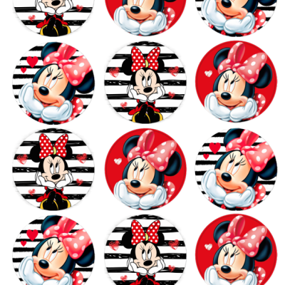 Botões ou adesivos redondos com estampas da Minnie Mouse em fundo às riscas Preto/Branco e vermelho.