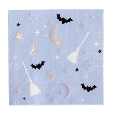 Guardanapo azul com estrelas, luas, morcegos e vassouras decorativas