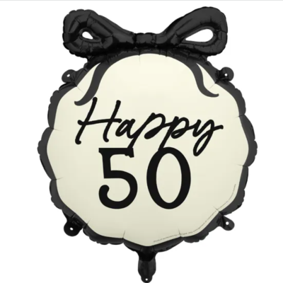 Balão metálico branco e preto com texto Happy 50