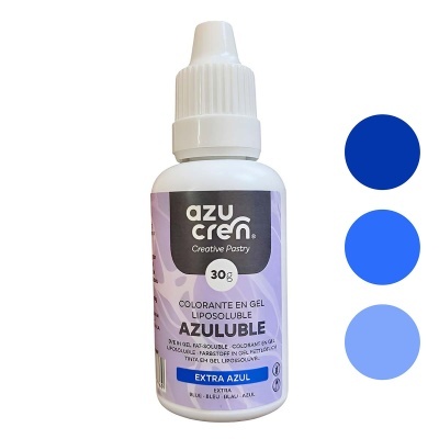 Frasco branco de corante em gel lipossolúvel azul da azucren com etiqueta roxa e três tons de azul ao lado