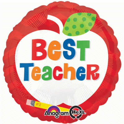 Balão metálico redondo com maçã e texto colorido 'BeST TeaCHEr'