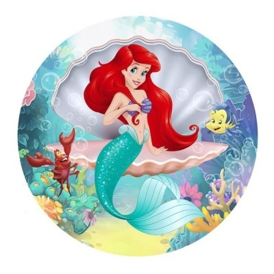 Pequena sereia Ariel com concha e amigos em fundo subaquático colorido