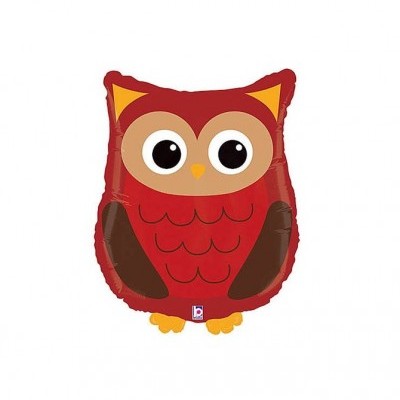 Balão em forma de coruja com cores vermelha, castanha e amarela