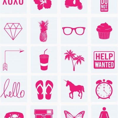 Conjunto de 20 ícones rosa sobre fundo branco com vários desenhos e textos em inglês.