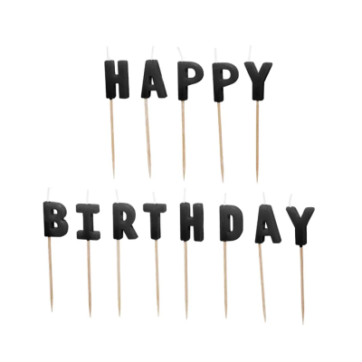 Velas letras negras HAPPY BIRTHDAY com palitos de madeira