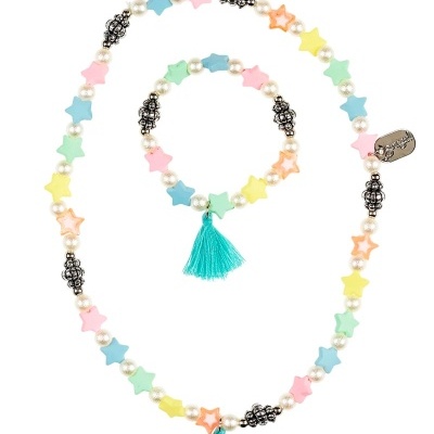 Conjunto de colar e pulseira com estrelas coloridas e pendentes azuis