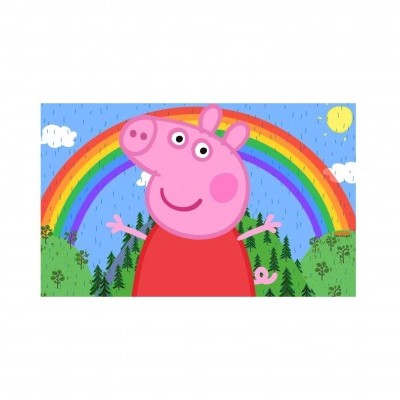 Desenho animado da Porquinha Peppa com arco-íris ao fundo
