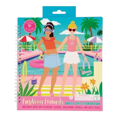 Livro Fashion Friends Dress Up Sticker Fun com ilustração colorida de duas raparigas em roupa de verão junto a piscina