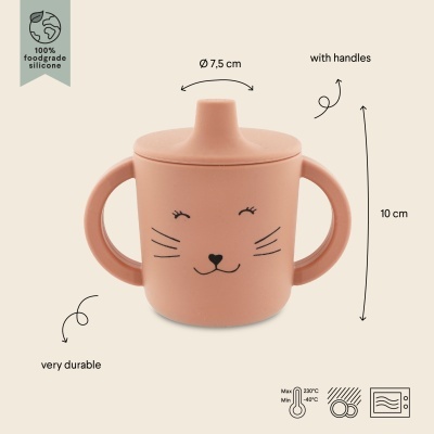 Copo infantil de silicone rosa salmão com rosto de gato e tampo com pegas