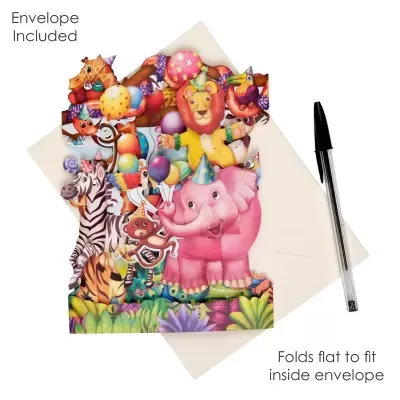 Cartão de aniversário animal pop-up com envelope e caneta