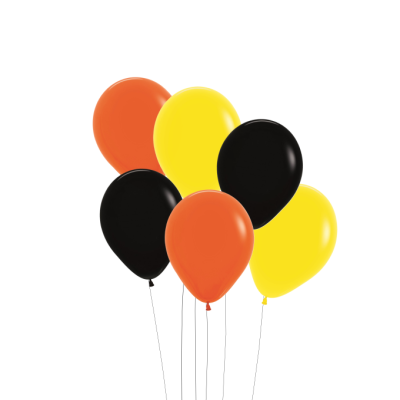 Seis balões coloridos em laranja, amarelo e preto com fundo branco