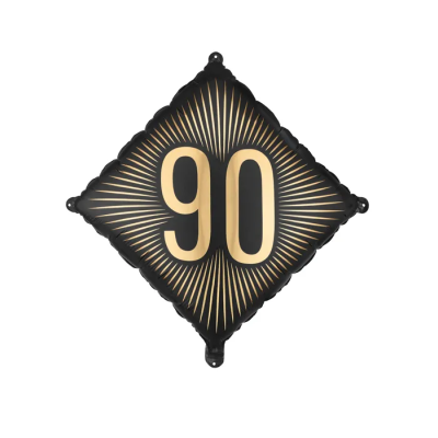 Balão preto losango com número 90 dourado e raios dourados no fundo