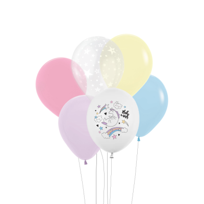 Seis balões coloridos de látex com estampa de unicórnio, arco-íris e estrelas