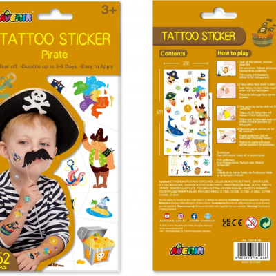 Pacote de tatuagens autocolantes de pirata para crianças com figuras coloridas e embalagem laranja