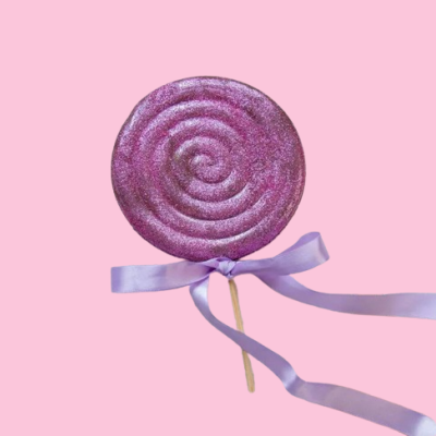 Pirulito redondo rosa cintilante com fita lilás