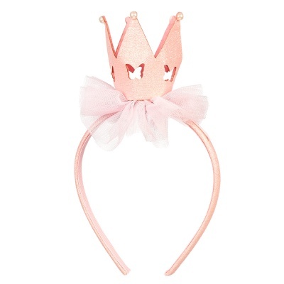 Tiara cor-de-rosa com coroa e detalhes de renda