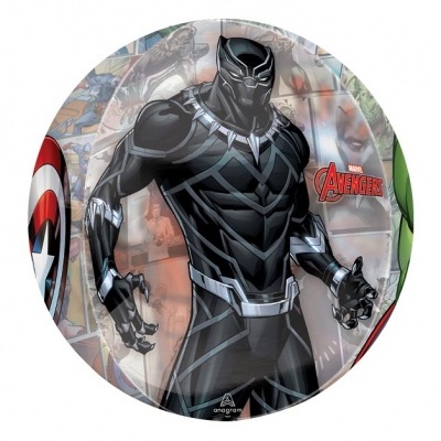 Prato de papel redondo com desenho do Pantera Negra e logo dos Avengers