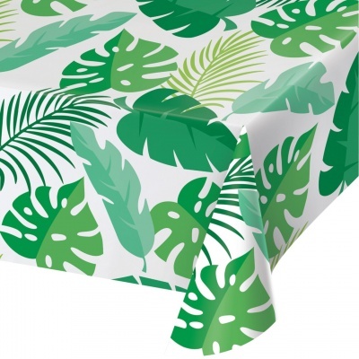 Toalha de mesa com folhas tropicais verdes em fundo branco