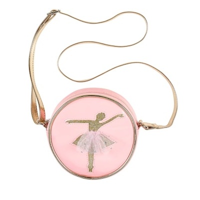 Mala redonda rosa com bailarina dourada e saia de tule